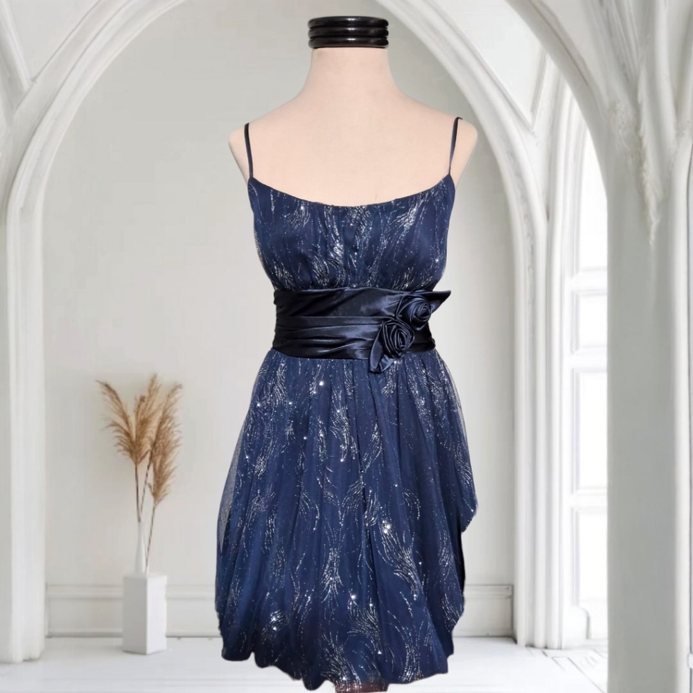 Elegant Navy Blue Formal Mini Dress with Floral Accents